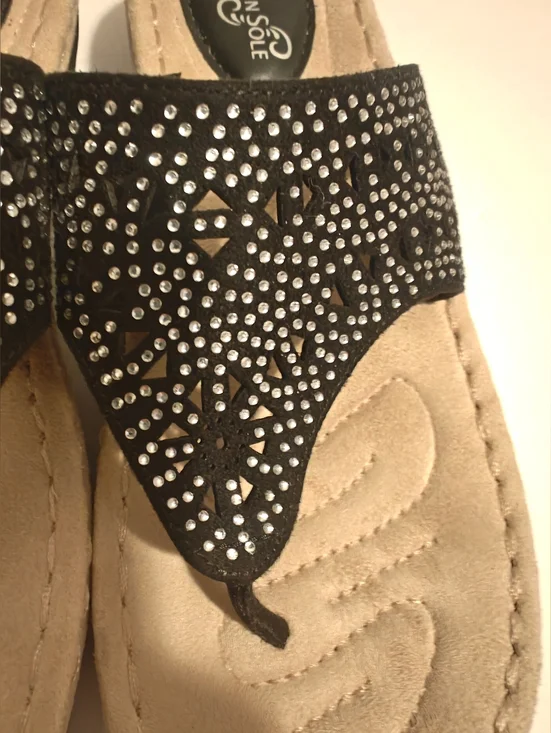 Mountain Sole Black Wedge Bling Beaded slide comfort flip flop sandal Measure 10 - Picture 2 of 11